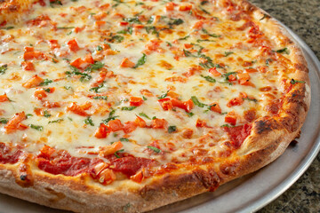 A view of a Margherita pizza.