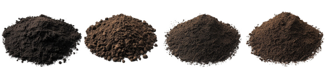 four distinct piles of soil or earth. varying in color and texture. suggesting different types of organic materials or compost this visual could be used for educational purposes. gardening. or landsca