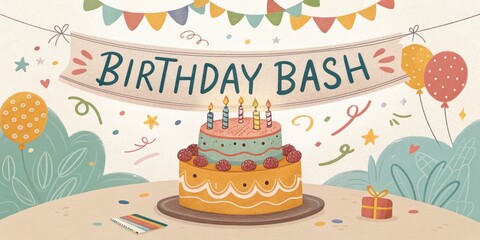 Colorful birthday bash celebration with cake, candles, and festive decorations