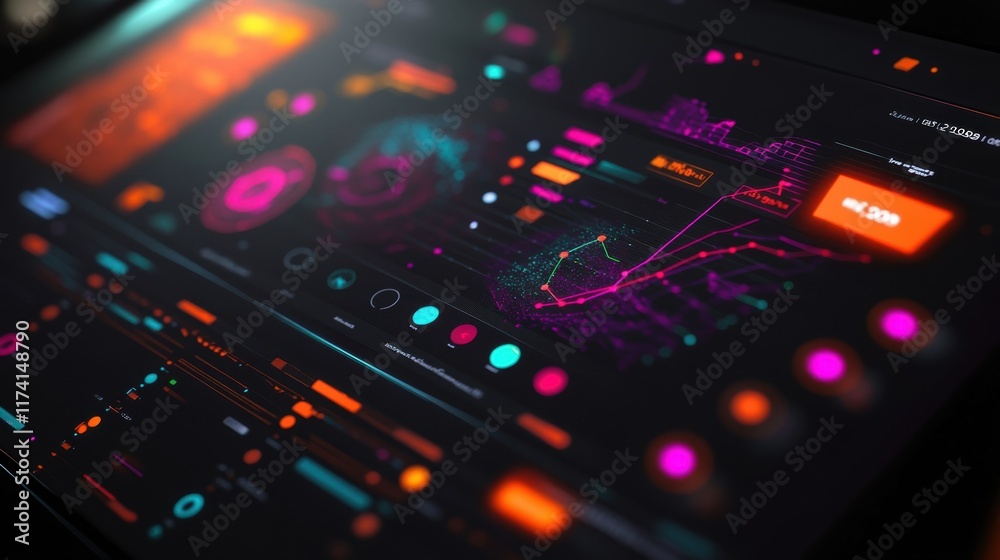 Poster futuristic user interface displaying colorful charts, graphs, and data points, representing complex 