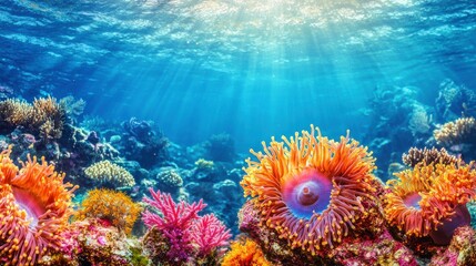 Obraz premium Vibrant Underwater Anemones in Sunlit Coral Reef