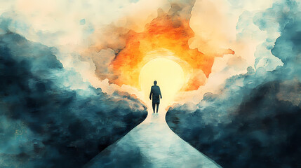 Fototapeta premium A lone figure walks a path of light ascending through ethereal clouds towards a radiant opening. Ravenwood. Illustration