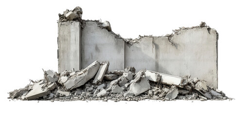 a section of a demolished concrete wall. with rubble scattered at its base. indicating a construction or demolition site the stark. broken surface highlights the aftermath of destruction. often used i