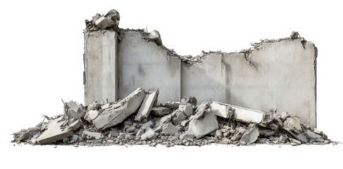 a section of a demolished concrete wall. with rubble scattered at its base. indicating a construction or demolition site the stark. broken surface highlights the aftermath of destruction. often used i