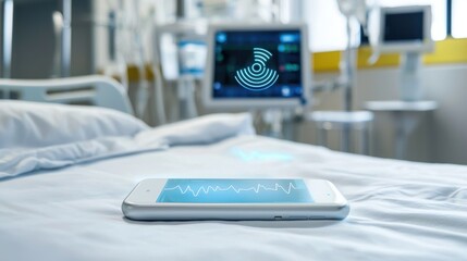 Mobile health monitoring device on hospital bed patient room digital health content clinical environment close-up view technology impact