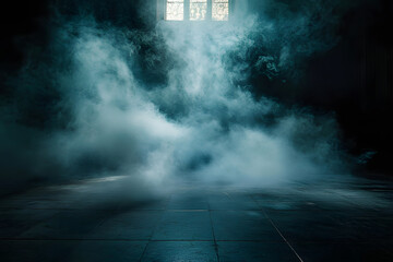 A dark background sets stage for an atmospheric stock photo, featuring an empty floor shrouded in billowing smoke, creating a sense of mystery and intrigue