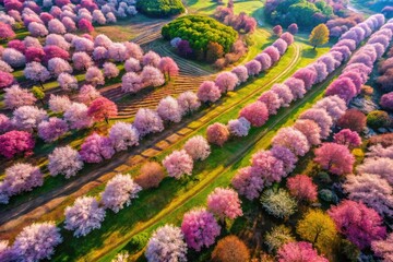 Aerial perspectives unveil stunning pink cherry blossom patterns; a breathtaking floral spectacle from above.