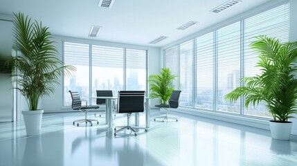 Fototapeta premium A bright office with frosted glass partitions, sleek furniture, and vibrant indoor plants.