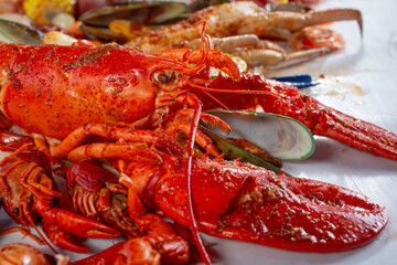 A view of a steamed lobster, among other steamed seafood items.
