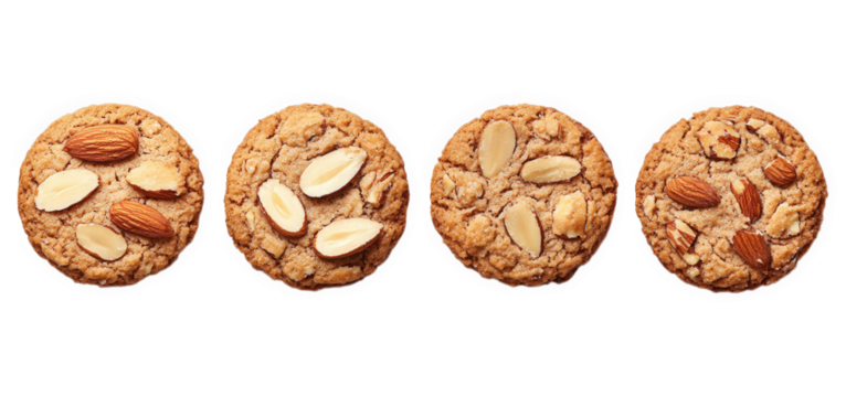 four round cookies arranged in a row. each topped with different types of nuts. including almonds and sliced almonds the cookies appear golden-brown and have a textured surface. highlighting their ing