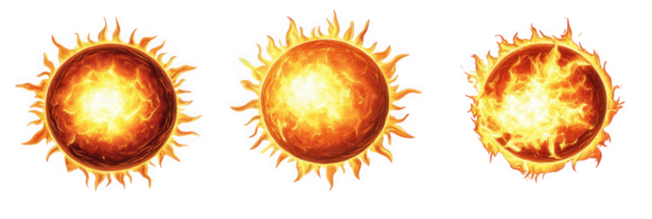 three stylized sun illustrations. each with a vibrant yellow and orange color scheme. showcasing different expressions of the sun the designs highlight radiating rays and a glowing core. suggesting wa