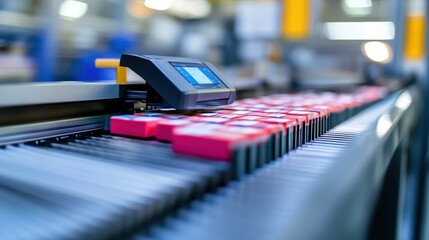 Printing machine scanning ink cartridges on an assembly line, ensuring rigorous quality control within a modern printing factory, enhancing efficiency and productivity in the manufacturing process