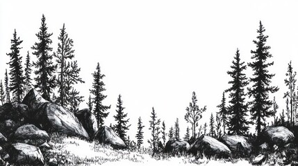 Monochrome Ink Drawing Of Coniferous Trees And Rocks