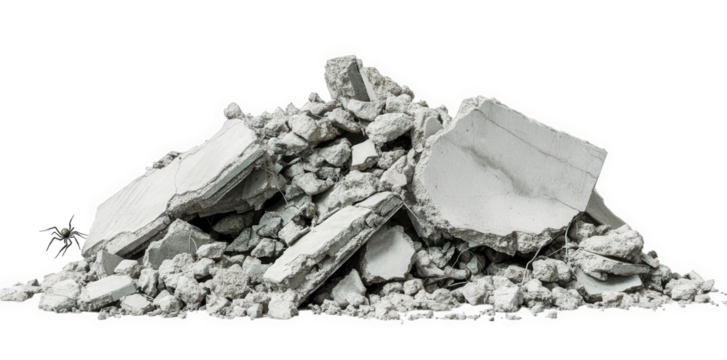 a pile of broken concrete debris. with a small spider crawling on the side the stark white background emphasizes the texture and details of the rubble. creating a contrast that draws attention to the