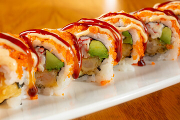 A closeup view of a tempura shrimp roll. © DAVID