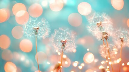 A dreamy scene of dandelions with a soft, colorful bokeh background.