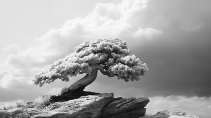 Ancient Bonsai Tree Perched Upon Rocky Mountain Peak
