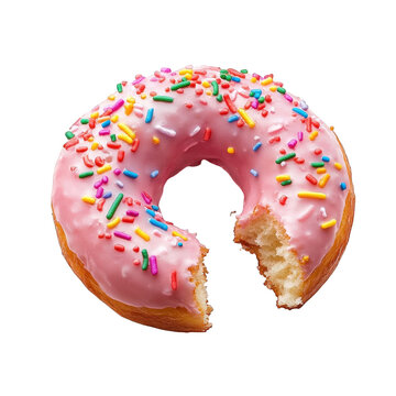 pink frosted donut with colorful sprinkles. showcasing a bite taken out of it the donut is set against a plain white background. emphasizing its vibrant colors and inviting appearance. making it an ap