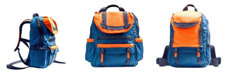 a colorful backpack with a blue and orange design. displayed from three angles to highlight its features. including adjustable straps and a spacious interior. making it suitable for school. travel. or