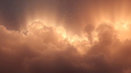 Fototapeta premium Ethereal sky, golden sunset clouds, dramatic celestial landscape, wispy cloud formations, vibrant orange and pink hues, atmospheric lighting, dreamlike atmosphere, heavenly vista, luminous sky, glowin