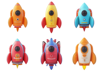 collection of six colorful cartoon-style rockets. each with distinct designs and vibrant colors they are arranged in a grid pattern. showcasing a playful and imaginative aesthetic. likely intended for