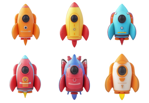 collection of six colorful cartoon-style rockets. each with distinct designs and vibrant colors they are arranged in a grid pattern. showcasing a playful and imaginative aesthetic. likely intended for