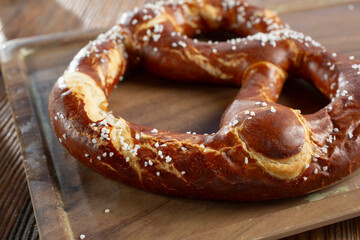 A closeup view of a Bavarian pretzel.