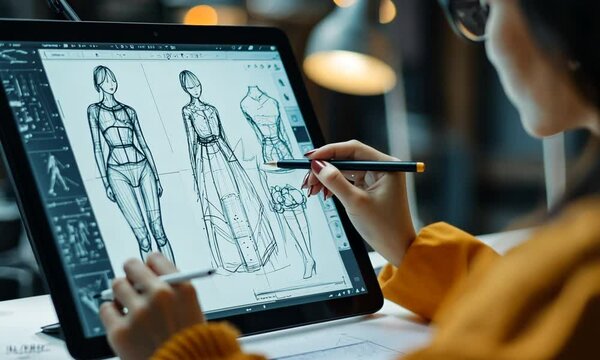 Designer sketching fashion illustrations on a tablet.