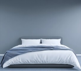 Minimalist bedroom interior with a white bed and gray blanket mockup on a gray wall background. Interior design of a modern home entrance in a minimalistic style, 3D rendering. 