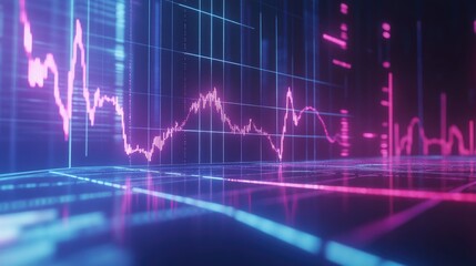 Fototapeta premium A detailed financial chart with an upward trend drawn in glowing neon lines on a blue gradient background.