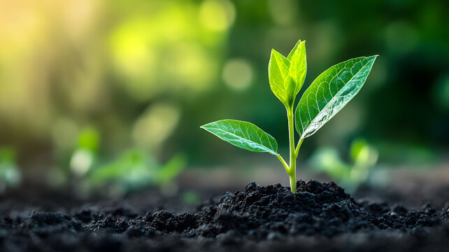 A young green seedling sprouting in dark fertile soil, illuminated by soft sunlight, symbolizing growth and renewal