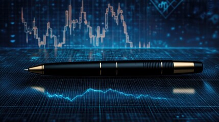 A digital pen tracing an upward graph line on a futuristic blue background with financial symbols.