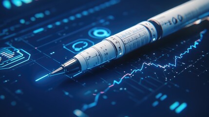 A digital pen tracing an upward graph line on a futuristic blue background with financial symbols.