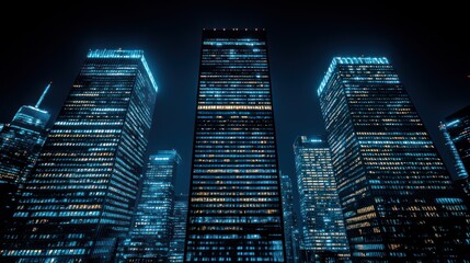 Nighttime cityscape featuring illuminated skyscrapers with a futuristic aesthetic.