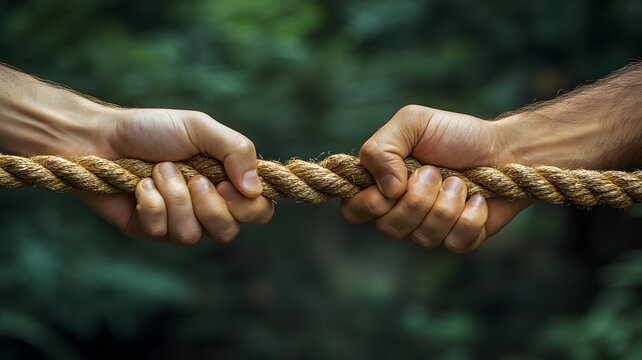 Close-up of hands holding a thick rope in a tug-of-war competition, representing strength and teamwork