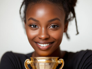 black woman holding up a trophy with a sense of pride and emotion, success