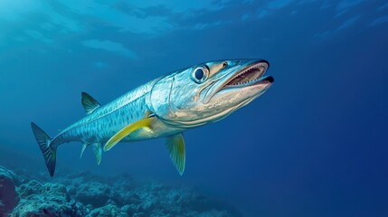 Naklejka premium A dramatic underwater shot of a barracuda in open ocean waters.