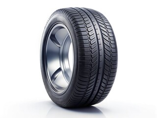 Black rubber car tire, isolated on white background; single spare, automotive part.