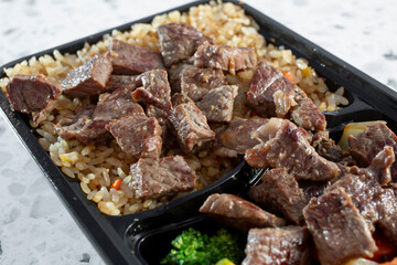 A closeup view of a filet mignon bowl.