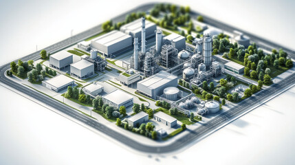 3D isometric view of an industrial area with large chemical plant buildings and other industrial buildings, surrounded by roads and trees