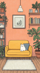an illustration with the following contents. - Front view of the living room, Overall cute feel thick black line. light-pink background
