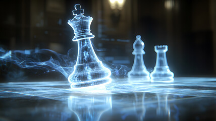 Holographic chess pieces glowing on a futuristic board, blending technology and conceptual art