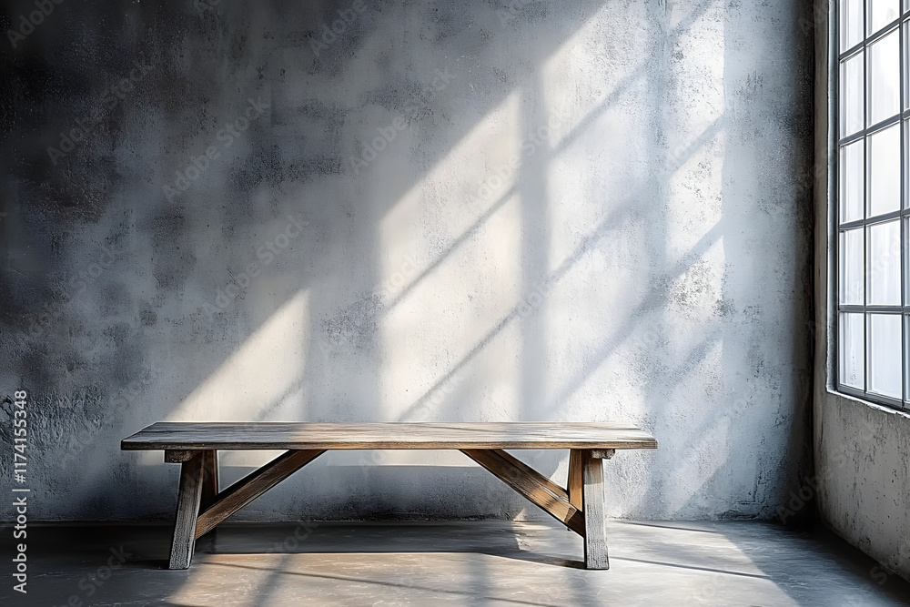 Wall mural an empty studio scene with concrete walls and a wooden table set against a minimalist backdrop