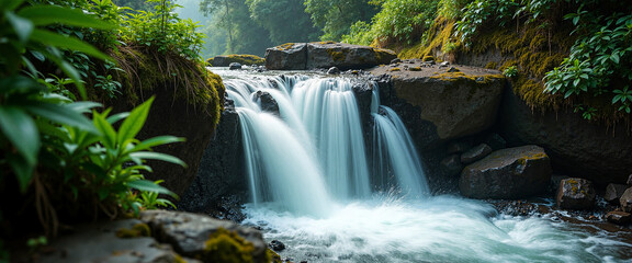 Tranquil waterfall cascading over rugged rocks, surrounded by lush greenery and vibrant foliage, enveloped in gentle mist and soft light