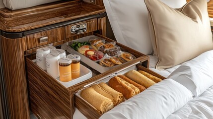 A flight attendant's trolley with neatly arranged snacks, beverages, and service tools.