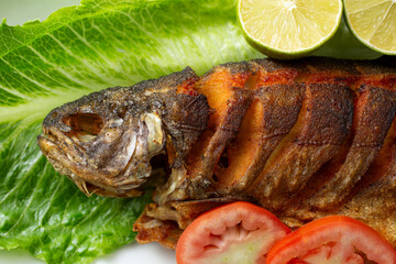 A top down view of a plate of fish tibs, featuring trout.