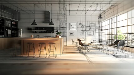 A modern kitchen and living space with a wireframe design, illustrating interior architecture.