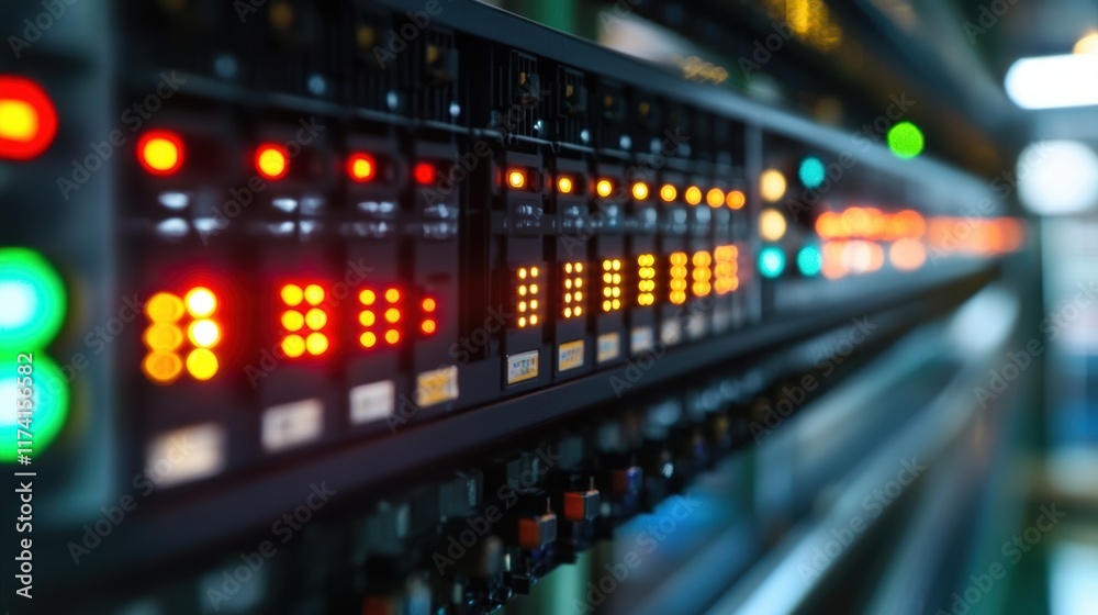 Poster close up view of a server rack with blinking led lights, indicating data processing and storage acti