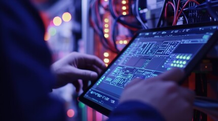 It engineer is using a tablet to monitor and control servers in a modern data center, surrounded by blinking lights and complex network equipment, ensuring smooth operation and data security