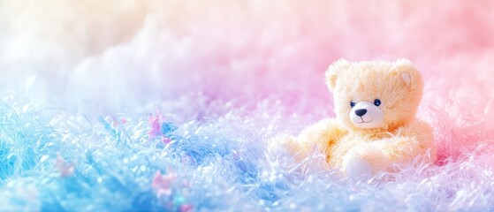 Fototapeta premium Love theme depicted with a teddy bear and a bright background, futuristic, fusion, celebration backdrop